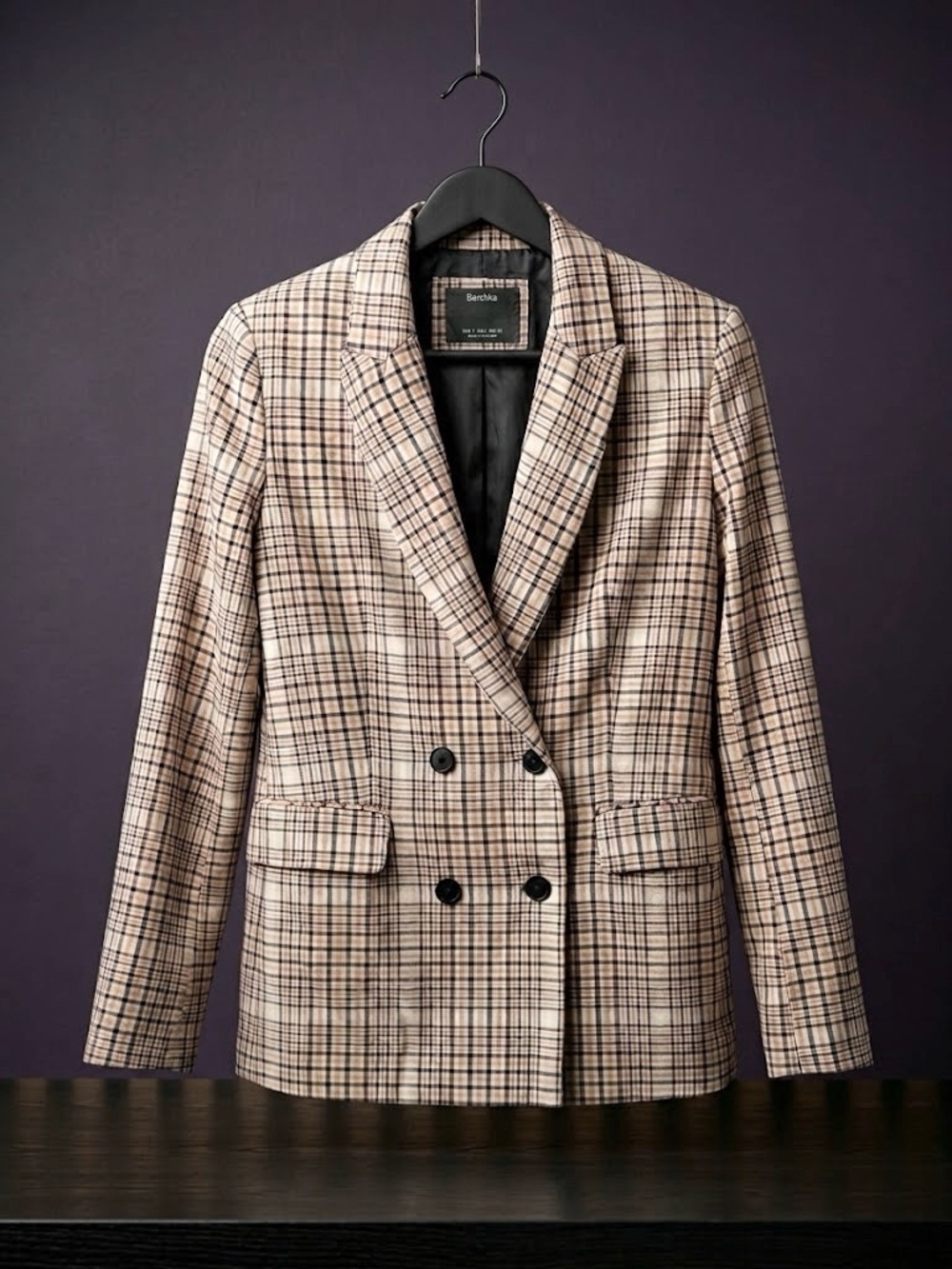 Bershka Neutral Plaid Double Breasted Blazer Size S Beige Black Tan Workwear